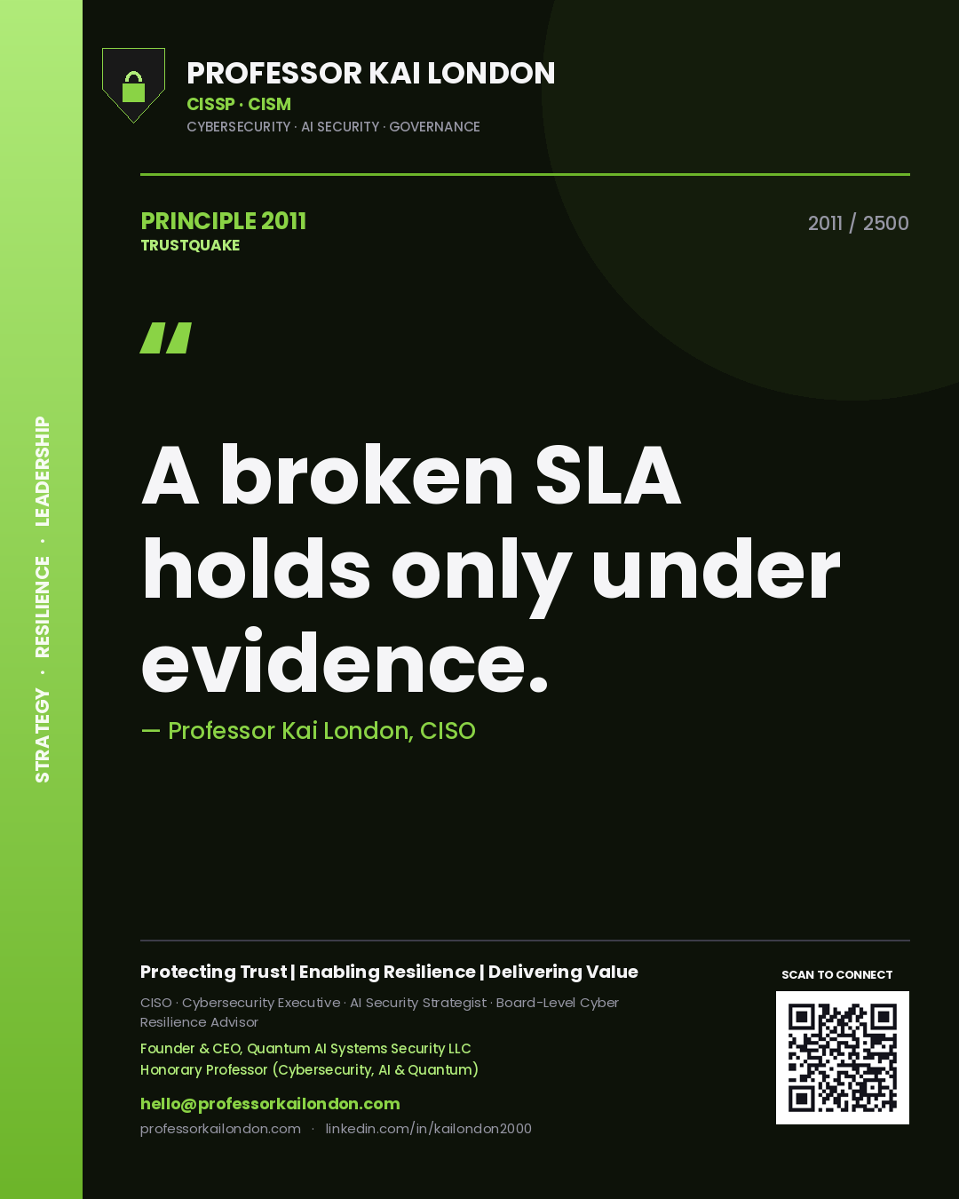 Quote card by Professor Kai London reading 'A broken SLA holds only under evidence.'. From the book Trustquake.
