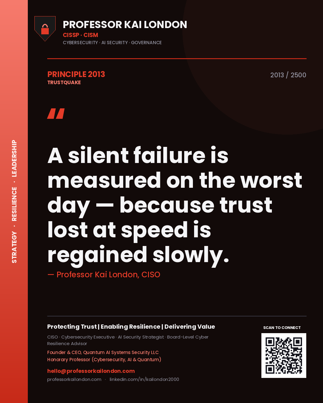 Professor Kai London principle 2013: A silent failure is measured on the worst day — because trust lost at speed is regained slowly.