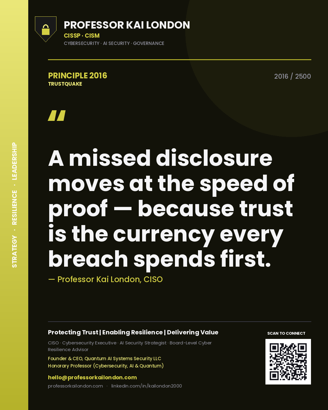 Quote card by Professor Kai London reading 'A missed disclosure moves at the speed of proof — because trust is the currency every breach spends first.'. From the book Trustquake.