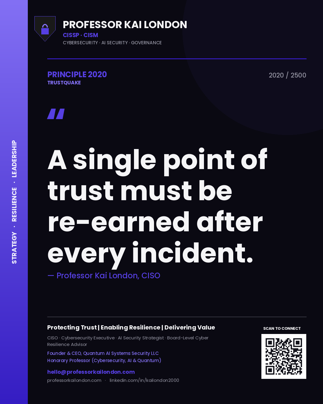 Quote card by Professor Kai London reading 'A single point of trust must be re-earned after every incident.'. From the book Trustquake.