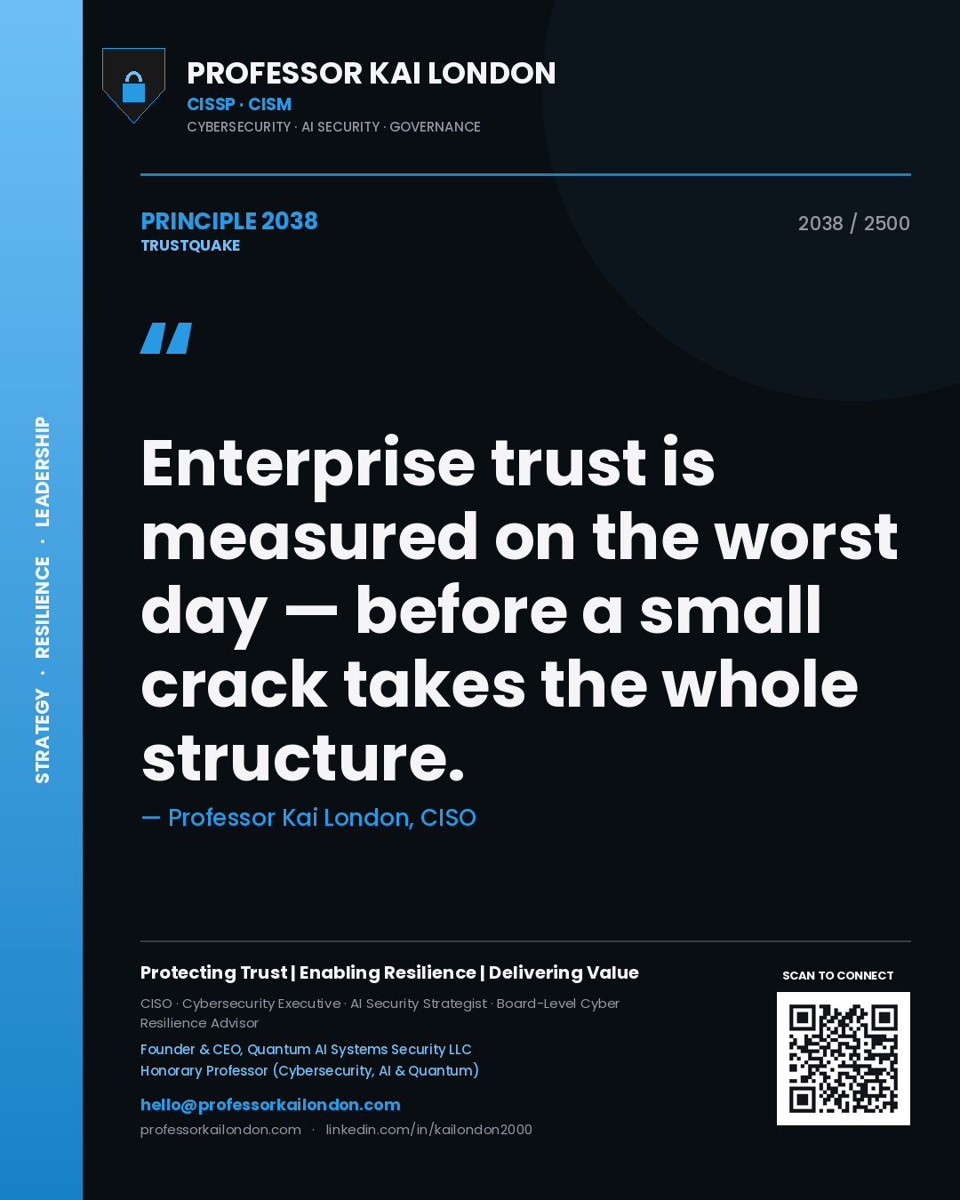 Professor Kai London principle 2038: Enterprise trust is measured on the worst day — before a small crack takes the whole structure.