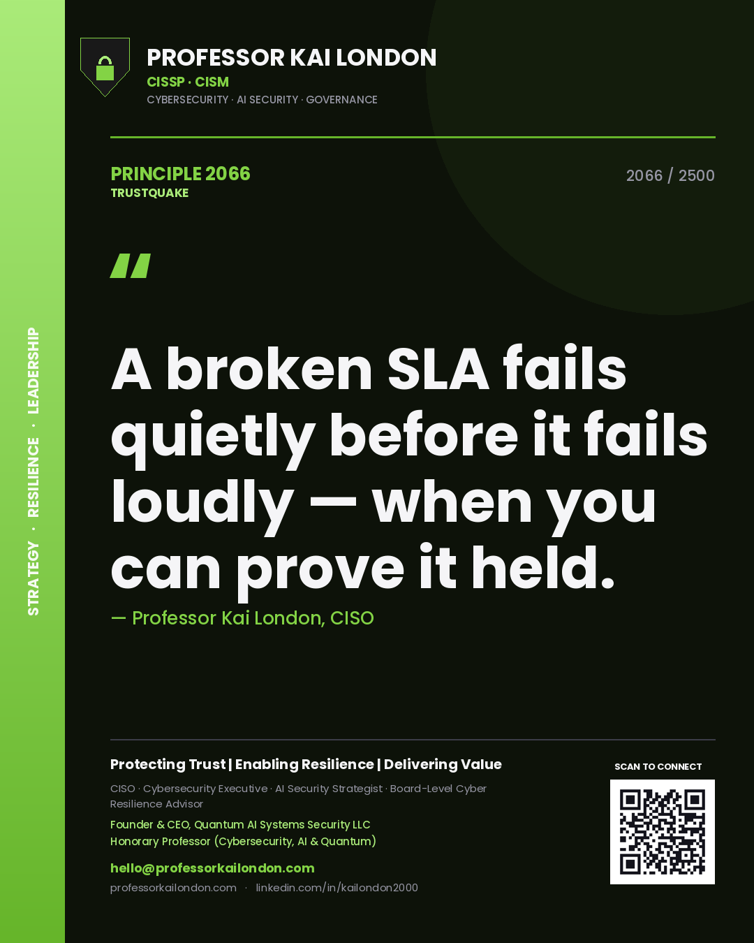Professor Kai London principle 2066: A broken SLA fails quietly before it fails loudly — when you can prove it held.