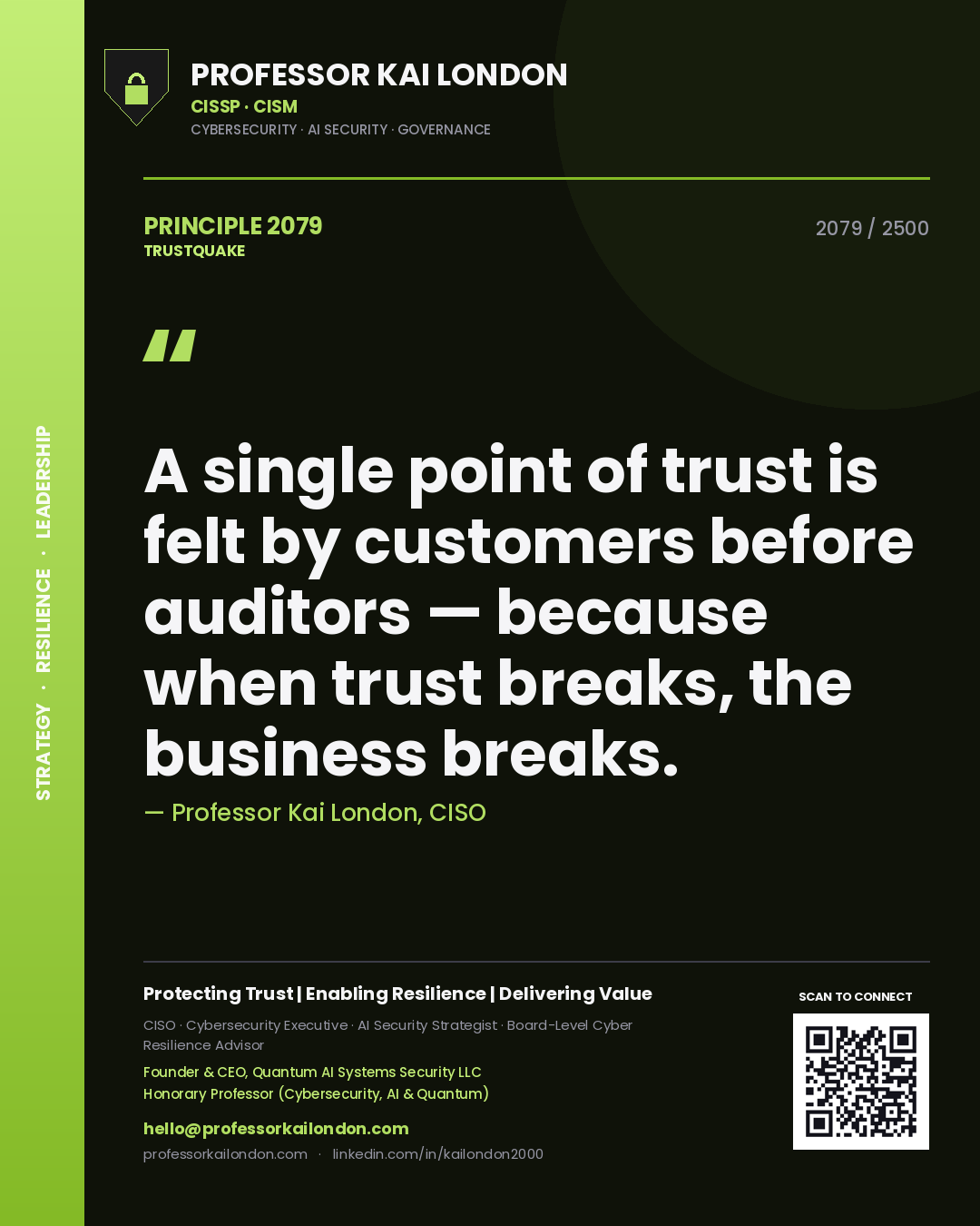 Quote card by Professor Kai London reading 'A single point of trust is felt by customers before auditors — because when trust breaks, the business breaks.'. From the book Trustquake.