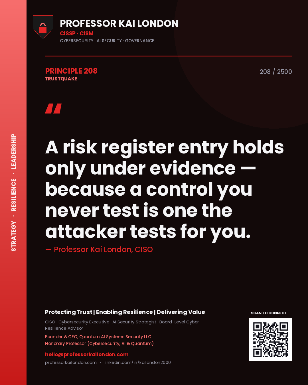 Quote card by Professor Kai London reading 'A risk register entry holds only under evidence — because a control you never test is one the attacker tests for you.'. From the book Trustquake.