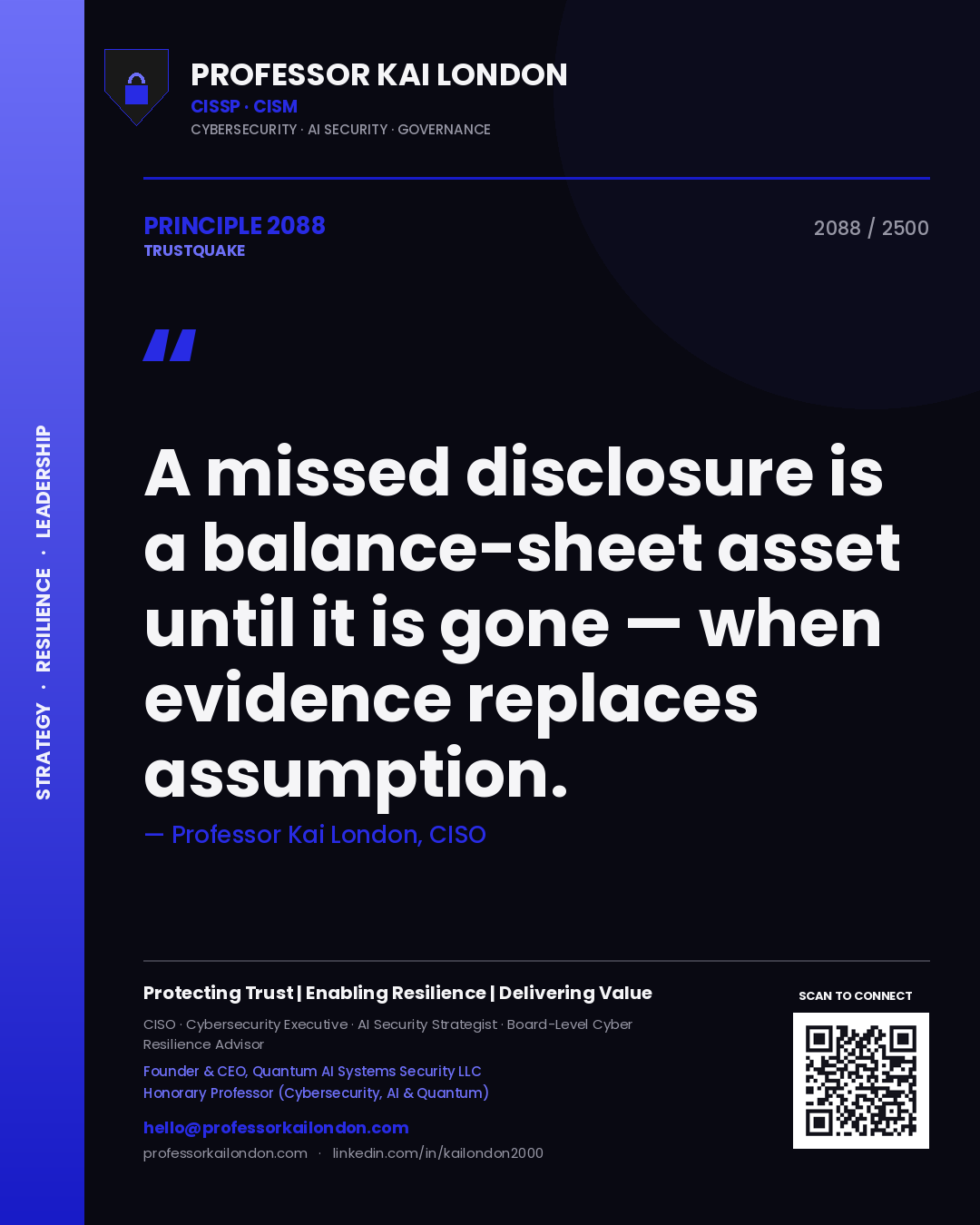 Quote card by Professor Kai London reading 'A missed disclosure is a balance-sheet asset until it is gone — when evidence replaces assumption.'. From the book Trustquake.
