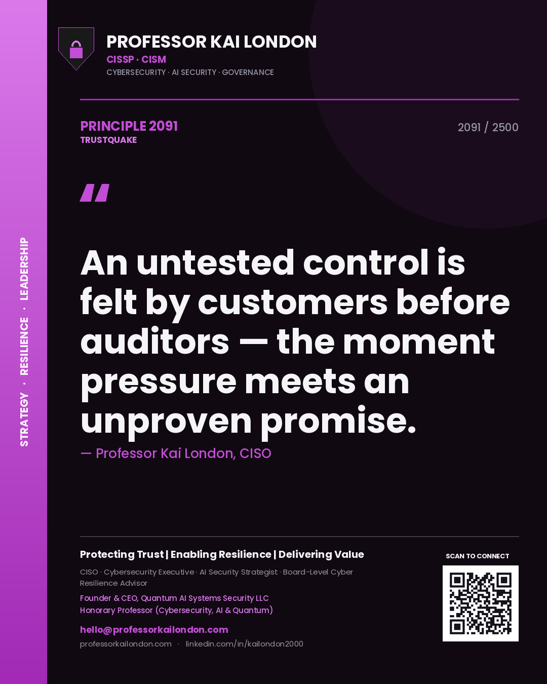 Quote card by Professor Kai London reading 'An untested control is felt by customers before auditors — the moment pressure meets an unproven promise.'. From the book Trustquake.