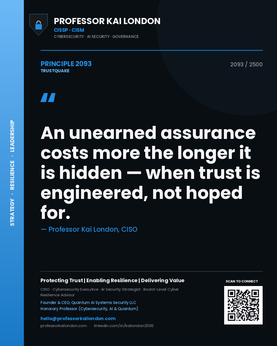 Professor Kai London principle 2093: An unearned assurance costs more the longer it is hidden — when trust is engineered, not hoped for.