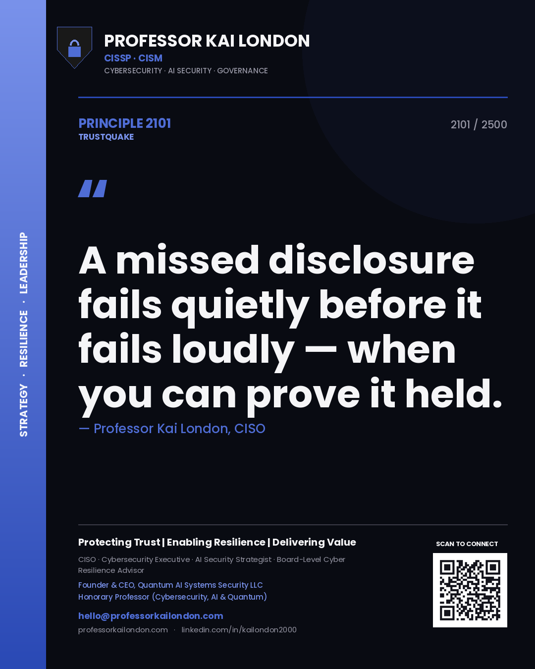 Quote card by Professor Kai London reading 'A missed disclosure fails quietly before it fails loudly — when you can prove it held.'. From the book Trustquake.