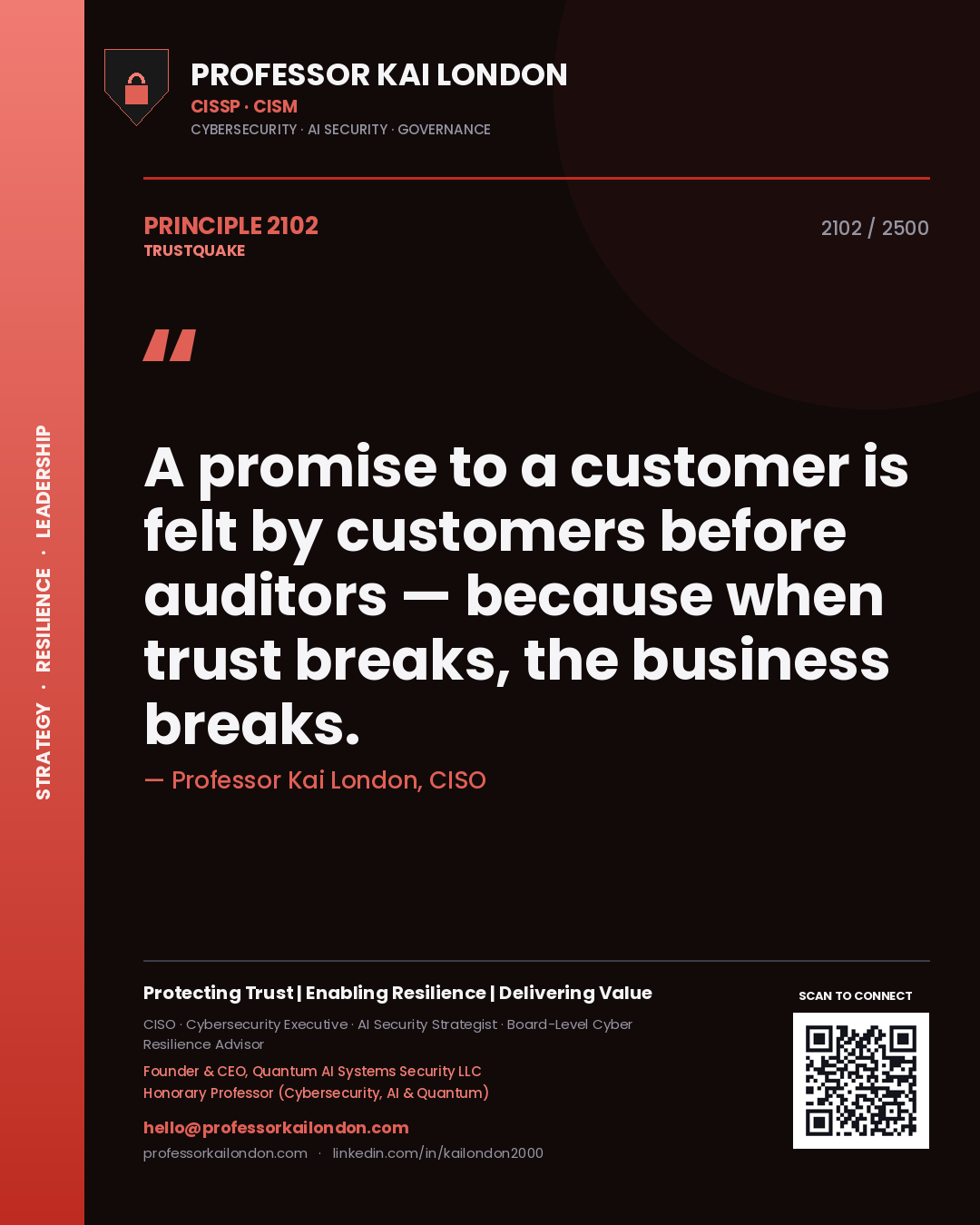 Professor Kai London principle 2102: A promise to a customer is felt by customers before auditors — because when trust breaks, the business breaks.