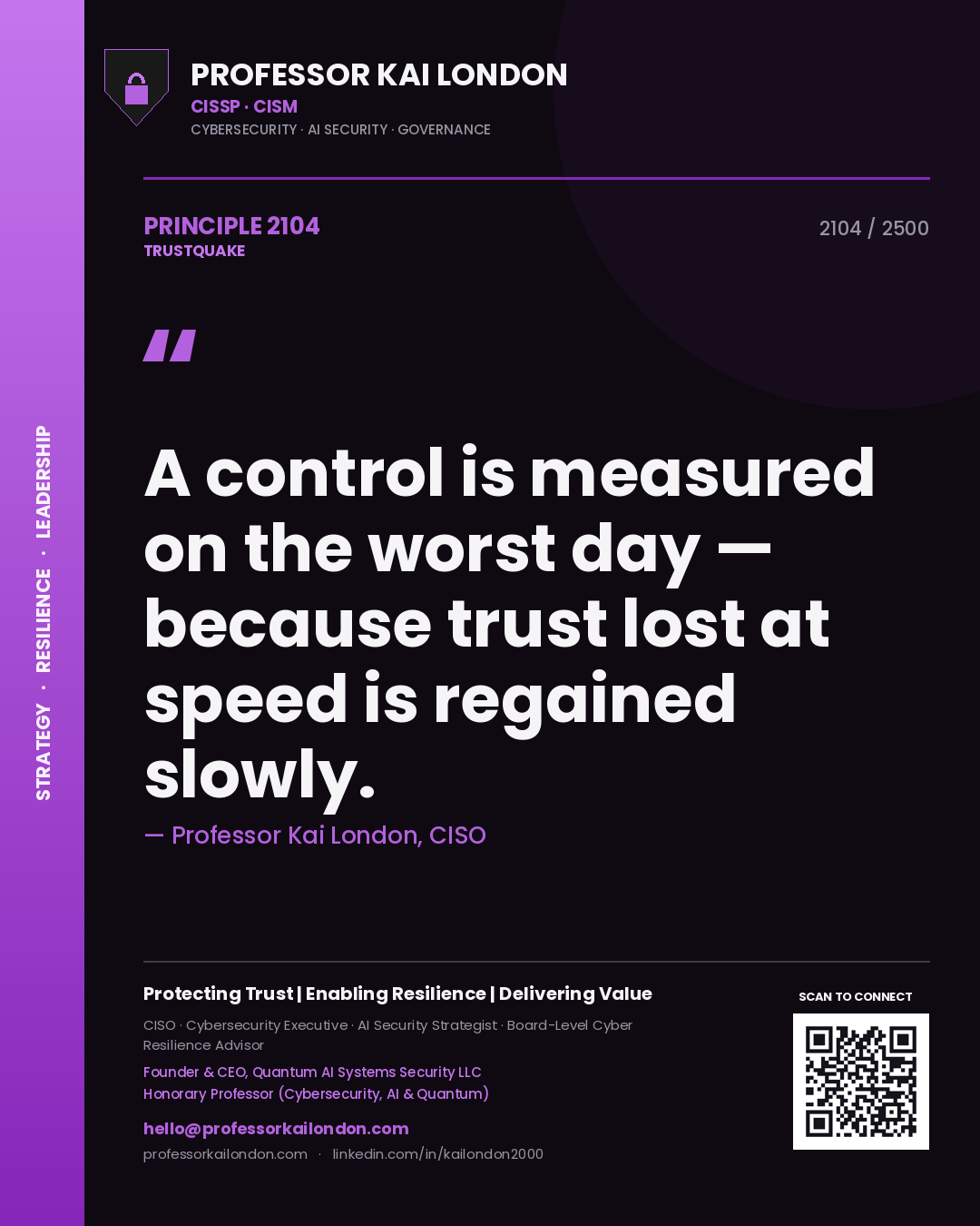 Quote card by Professor Kai London reading 'A control is measured on the worst day — because trust lost at speed is regained slowly.'. From the book Trustquake.