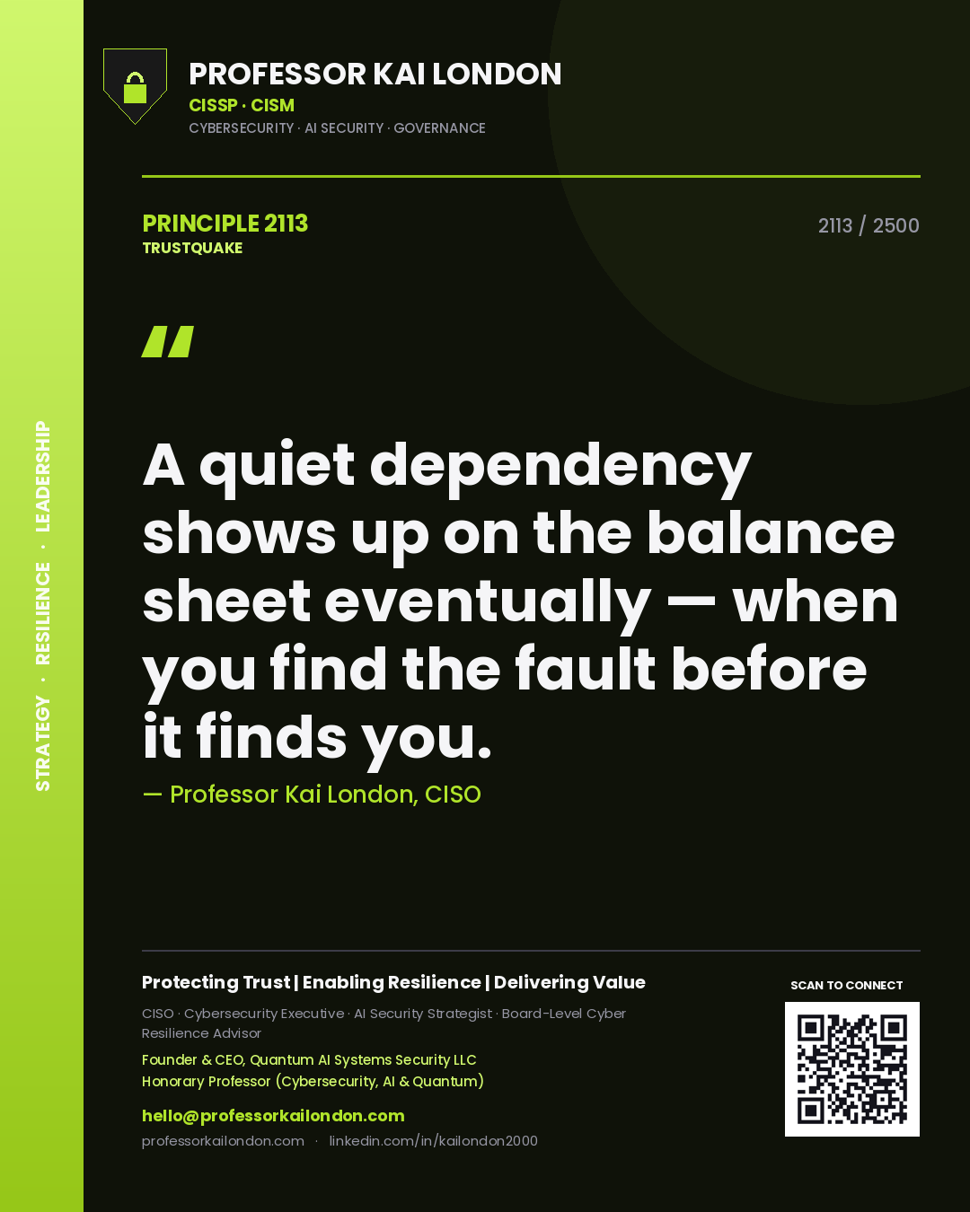 Professor Kai London principle 2113: A quiet dependency shows up on the balance sheet eventually — when you find the fault before it finds you.