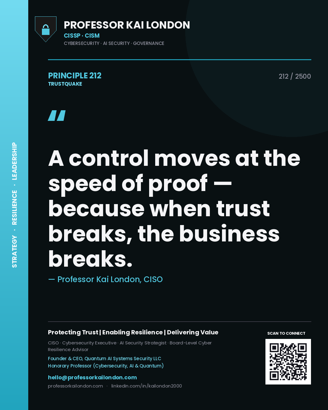 Quote card by Professor Kai London reading 'A control moves at the speed of proof — because when trust breaks, the business breaks.'. From the book Trustquake.