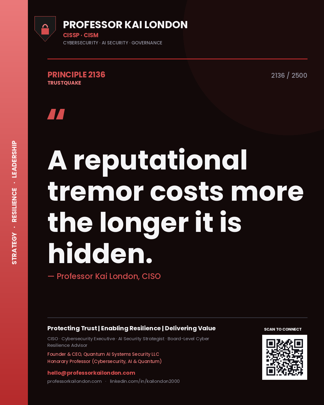 Quote card by Professor Kai London reading 'A reputational tremor costs more the longer it is hidden.'. From the book Trustquake.