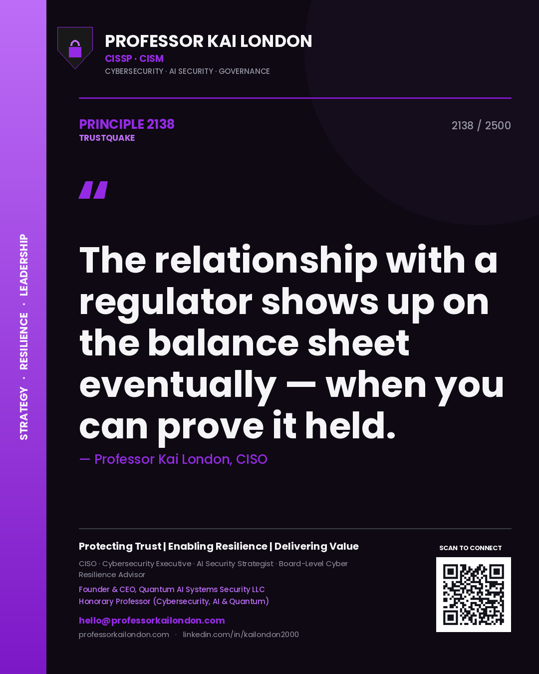 Professor Kai London principle 2138: The relationship with a regulator shows up on the balance sheet eventually — when you can prove it held.