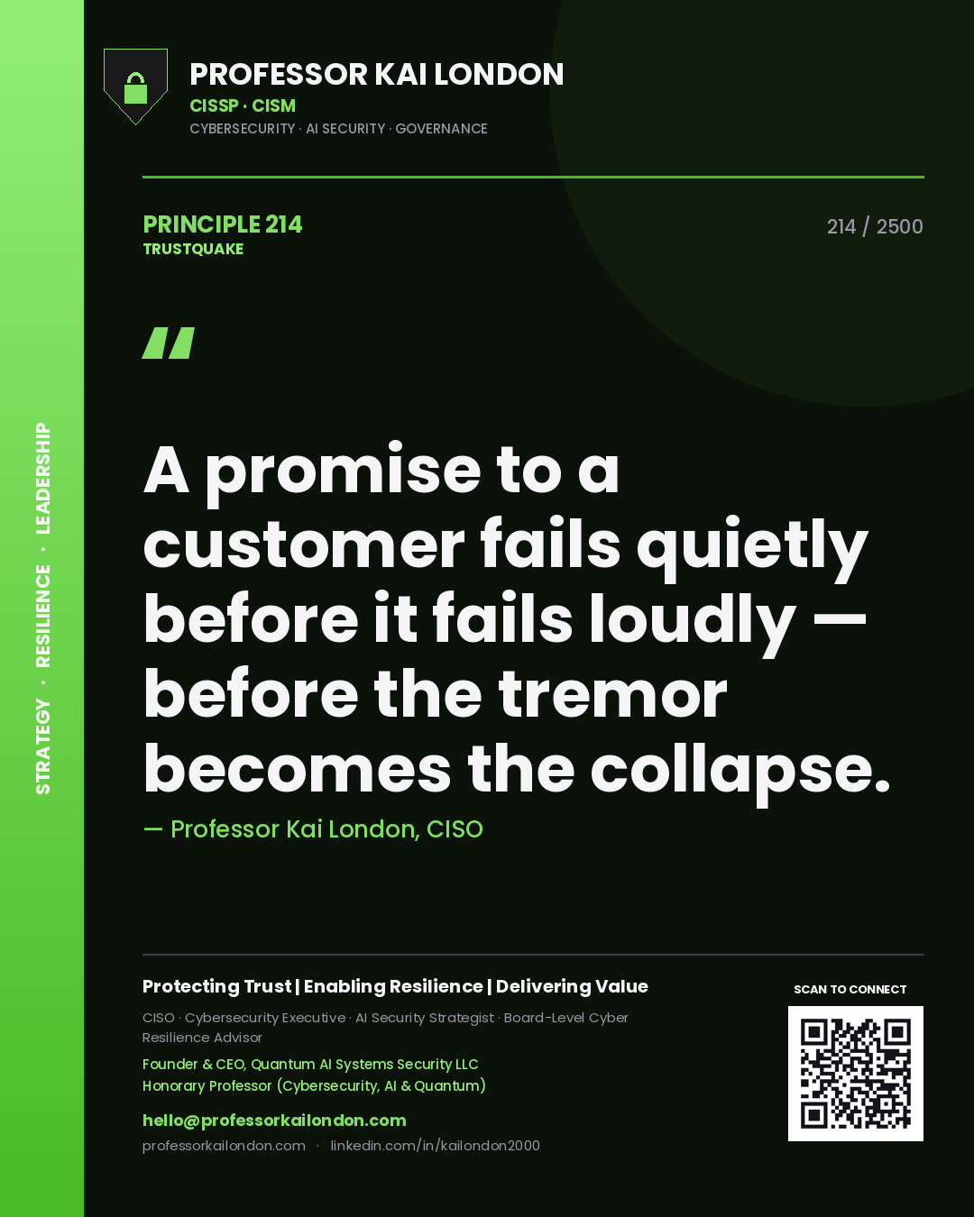 Quote card by Professor Kai London reading 'A promise to a customer fails quietly before it fails loudly — before the tremor becomes the collapse.'. From the book Trustquake.