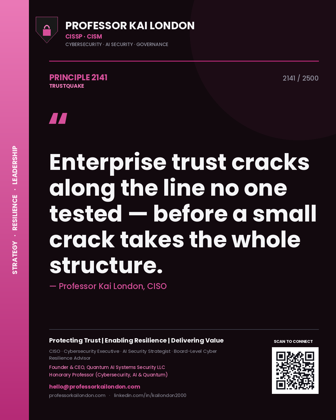Quote card by Professor Kai London reading 'Enterprise trust cracks along the line no one tested — before a small crack takes the whole structure.'. From the book Trustquake.