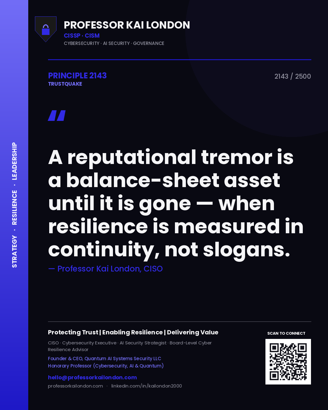 Quote card by Professor Kai London reading 'A reputational tremor is a balance-sheet asset until it is gone — when resilience is measured in continuity, not slogans.'. From the book Trustquake.