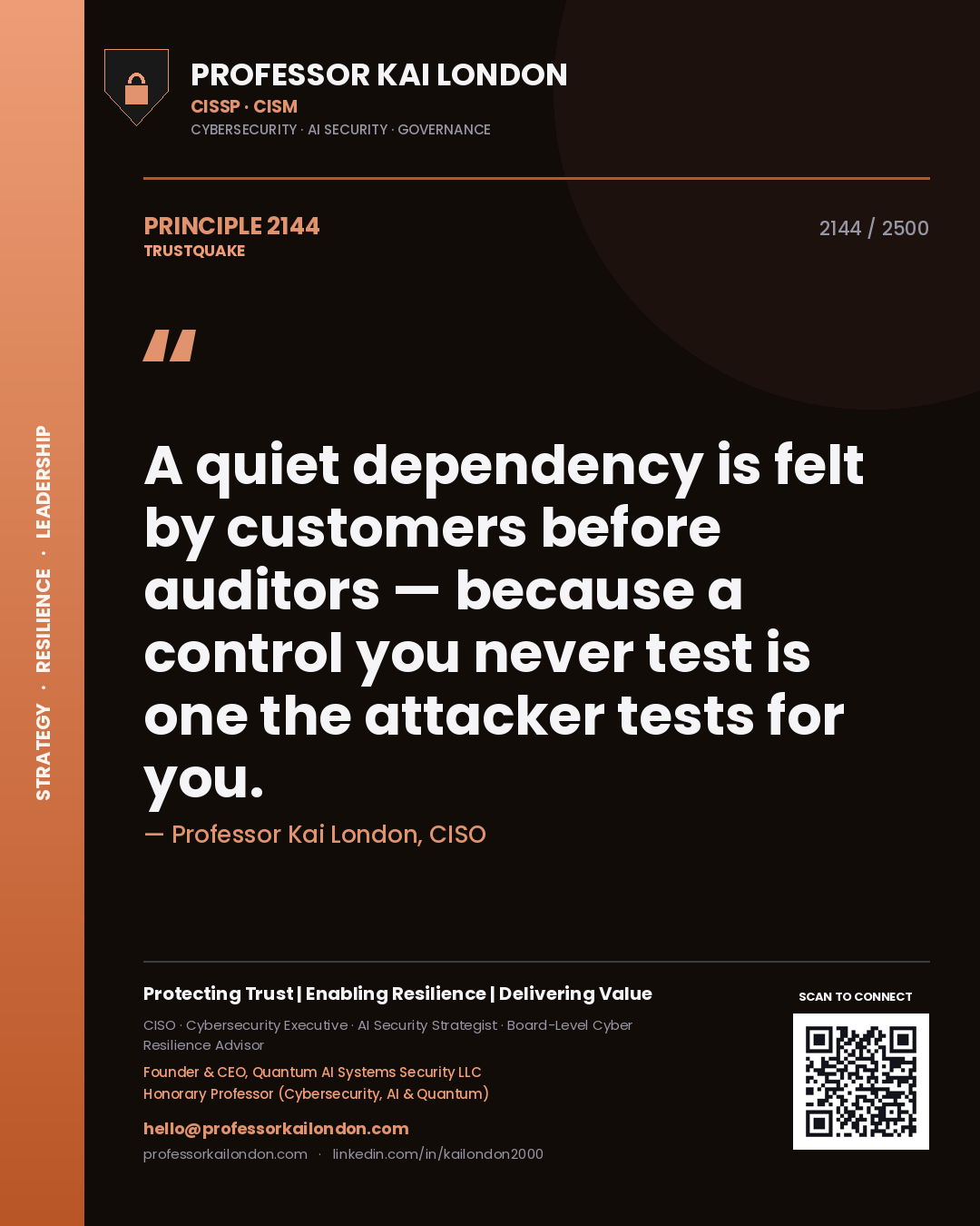 Professor Kai London principle 2144: A quiet dependency is felt by customers before auditors — because a control you never test is one the attacker tests for you.