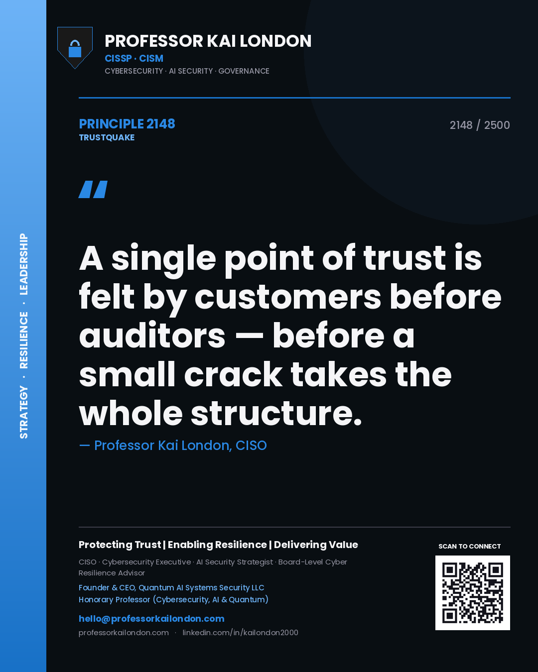 Quote card by Professor Kai London reading 'A single point of trust is felt by customers before auditors — before a small crack takes the whole structure.'. From the book Trustquake.