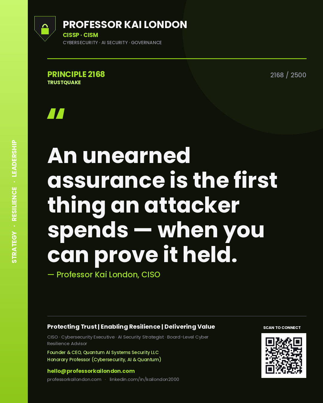 Professor Kai London principle 2168: An unearned assurance is the first thing an attacker spends — when you can prove it held.