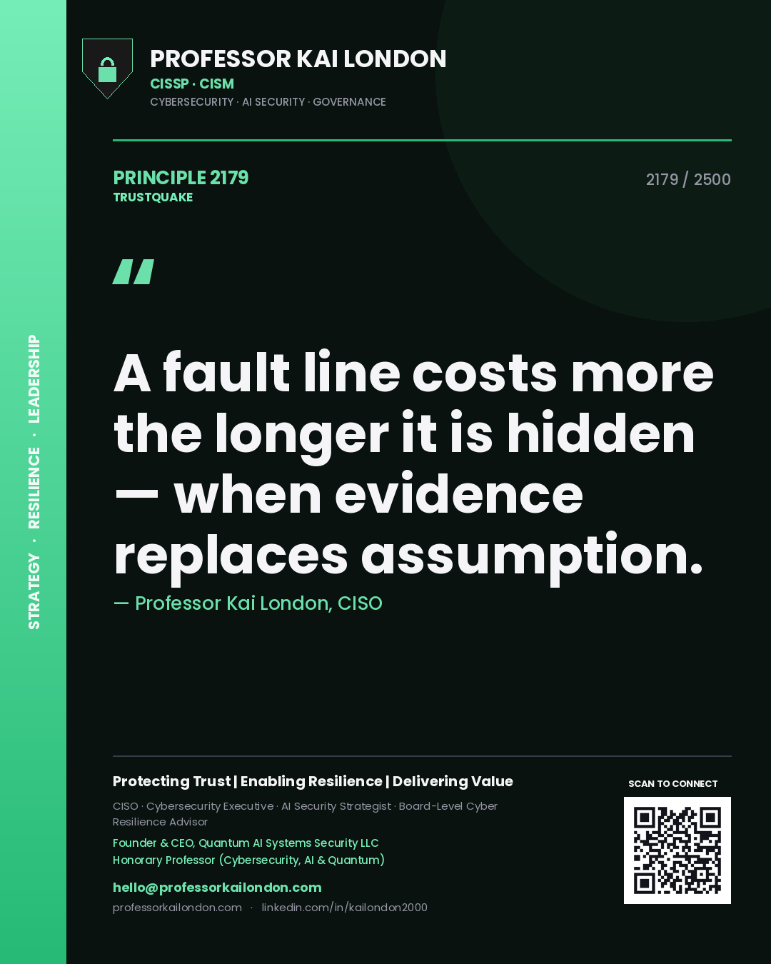 Quote card by Professor Kai London reading 'A fault line costs more the longer it is hidden — when evidence replaces assumption.'. From the book Trustquake.