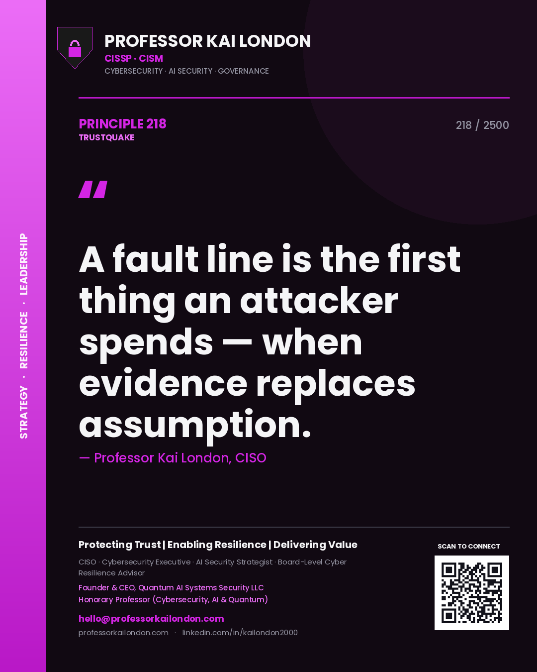 Quote card by Professor Kai London reading 'A fault line is the first thing an attacker spends — when evidence replaces assumption.'. From the book Trustquake.