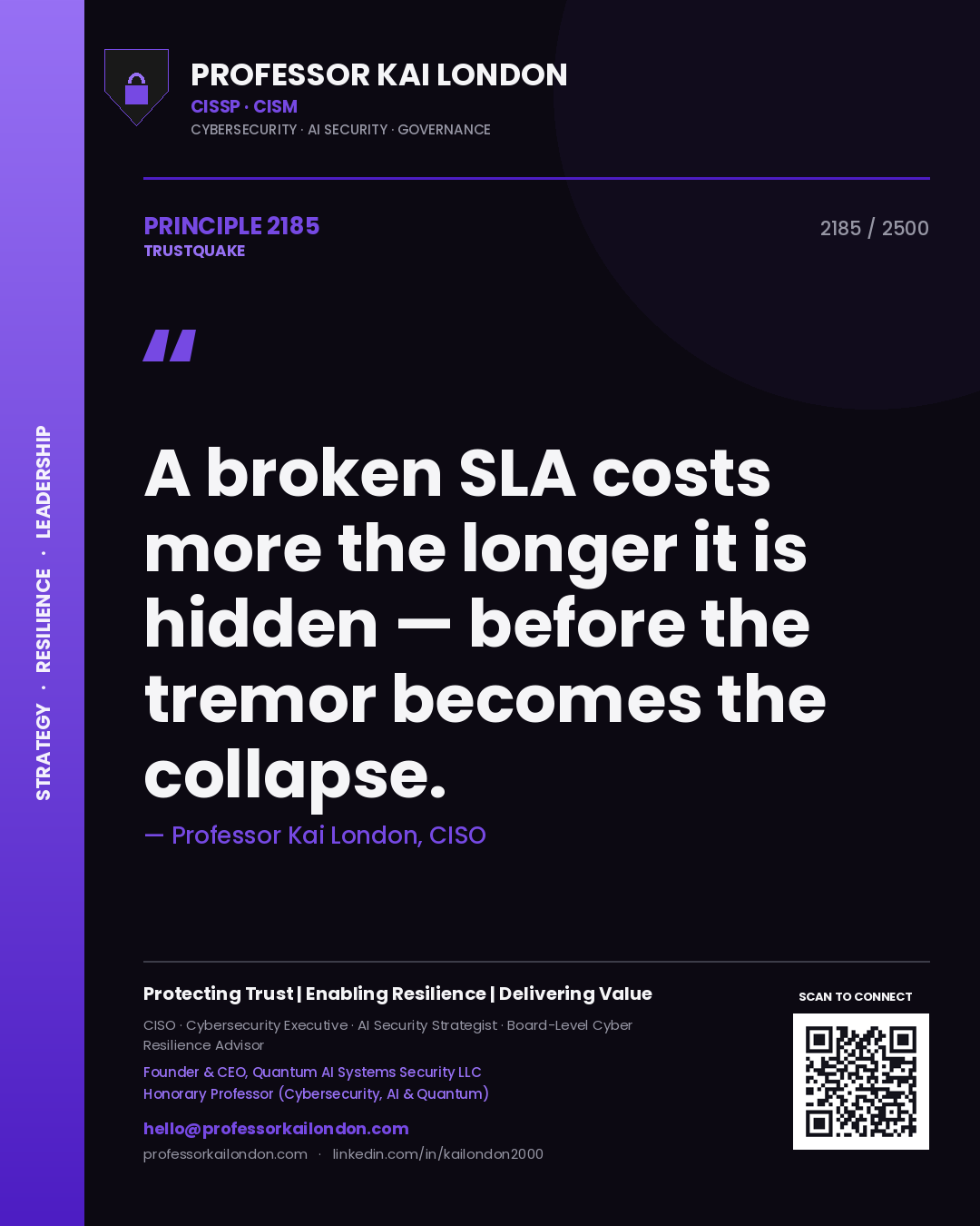 Quote card by Professor Kai London reading 'A broken SLA costs more the longer it is hidden — before the tremor becomes the collapse.'. From the book Trustquake.