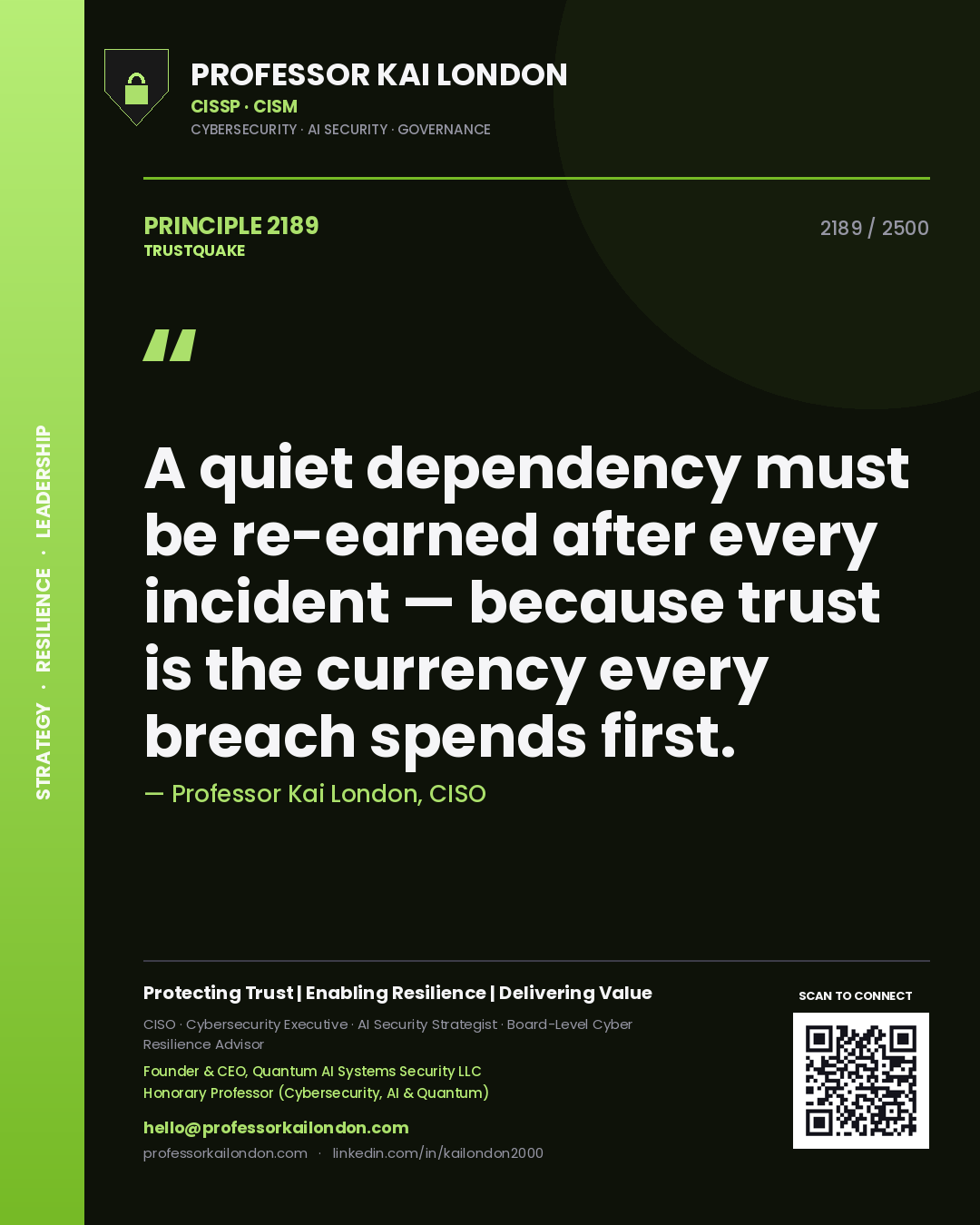 Professor Kai London principle 2189: A quiet dependency must be re-earned after every incident — because trust is the currency every breach spends first.