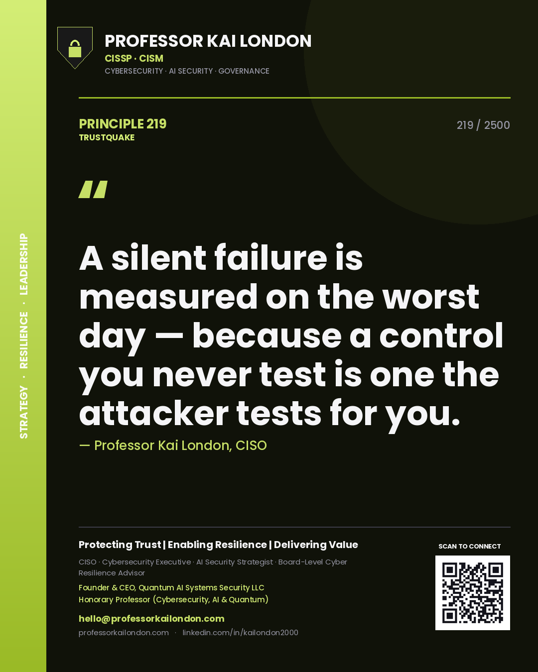 Quote card by Professor Kai London reading 'A silent failure is measured on the worst day — because a control you never test is one the attacker tests for you.'. From the book Trustquake.