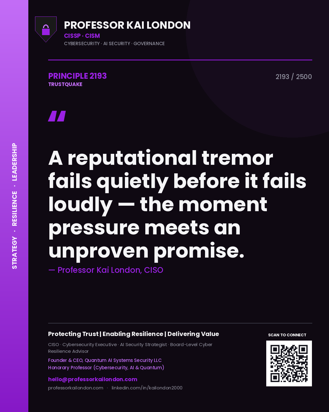 Professor Kai London principle 2193: A reputational tremor fails quietly before it fails loudly — the moment pressure meets an unproven promise.