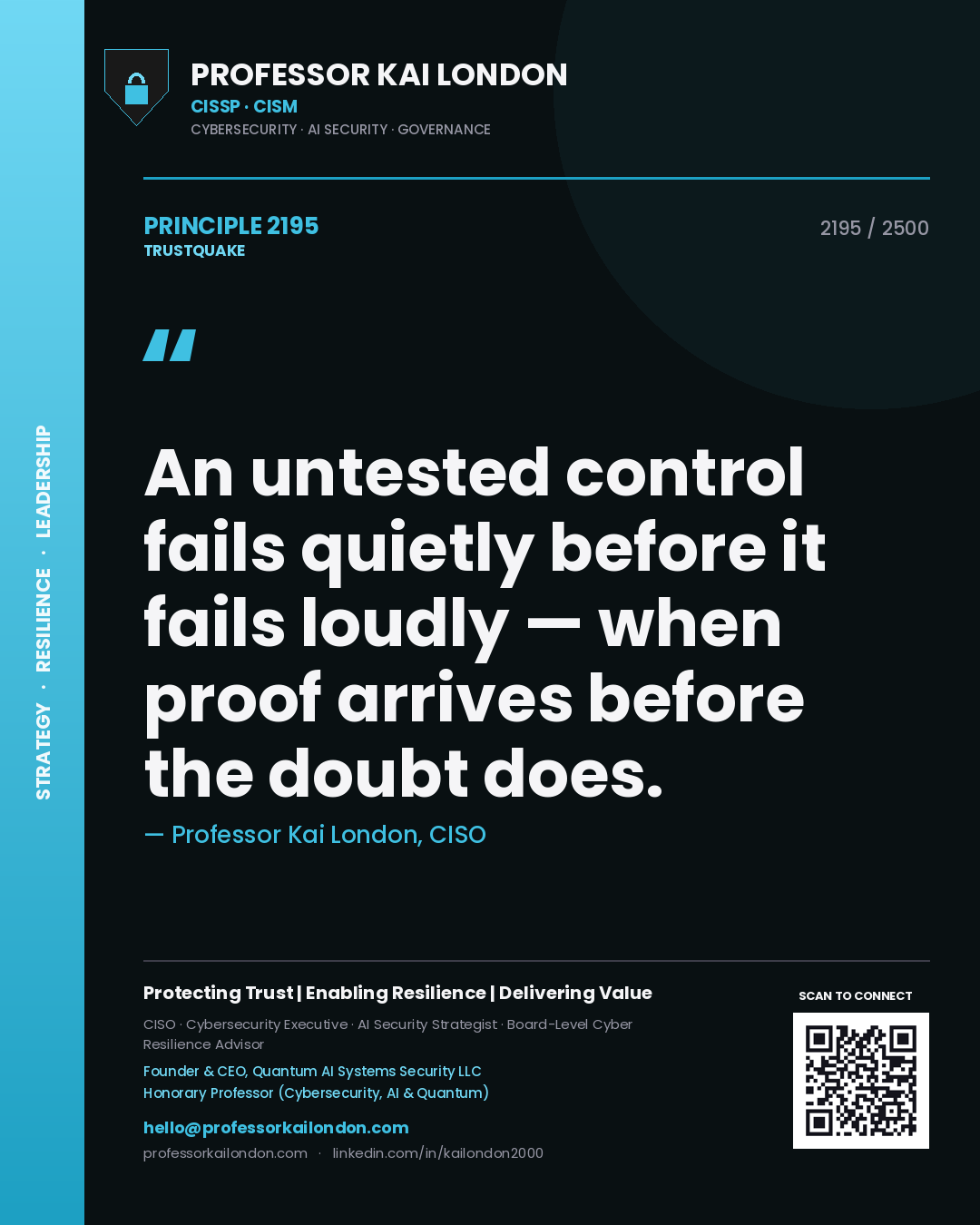 Quote card by Professor Kai London reading 'An untested control fails quietly before it fails loudly — when proof arrives before the doubt does.'. From the book Trustquake.