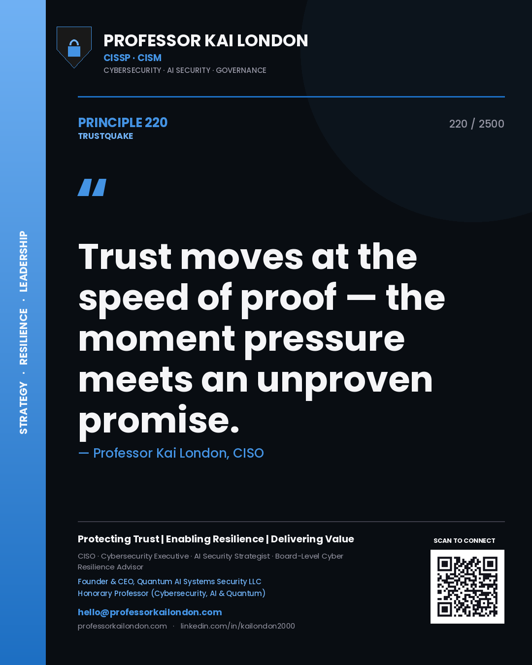 Quote card by Professor Kai London reading 'Trust moves at the speed of proof — the moment pressure meets an unproven promise.'. From the book Trustquake.