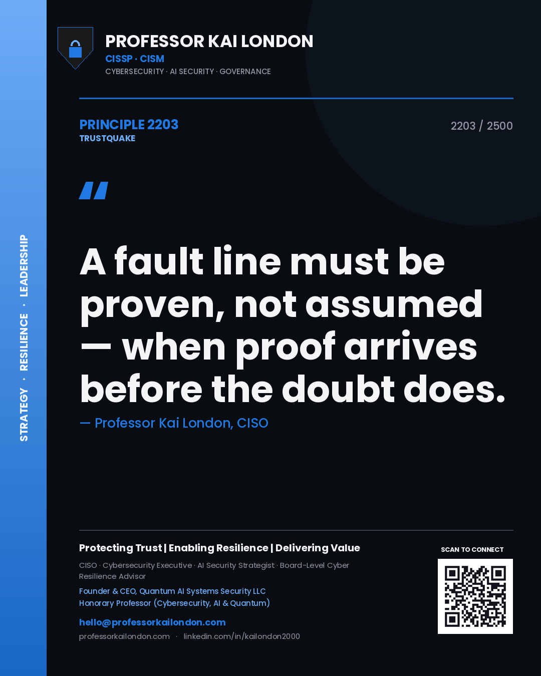 Quote card by Professor Kai London reading 'A fault line must be proven, not assumed — when proof arrives before the doubt does.'. From the book Trustquake.