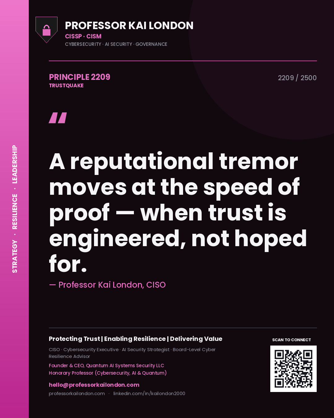 Quote card by Professor Kai London reading 'A reputational tremor moves at the speed of proof — when trust is engineered, not hoped for.'. From the book Trustquake.
