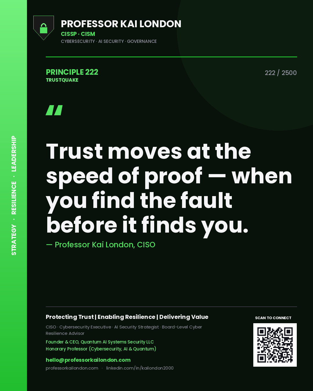 Quote card by Professor Kai London reading 'Trust moves at the speed of proof — when you find the fault before it finds you.'. From the book Trustquake.