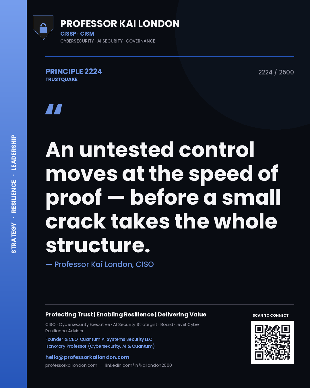 Quote card by Professor Kai London reading 'An untested control moves at the speed of proof — before a small crack takes the whole structure.'. From the book Trustquake.