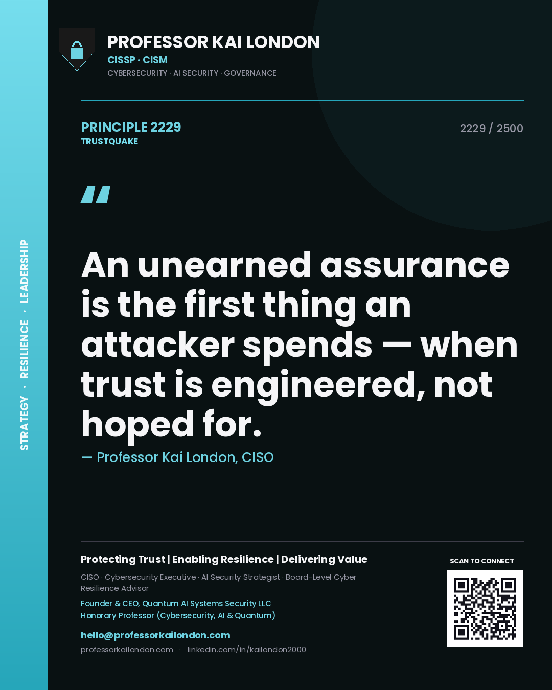 Quote card by Professor Kai London reading 'An unearned assurance is the first thing an attacker spends — when trust is engineered, not hoped for.'. From the book Trustquake.