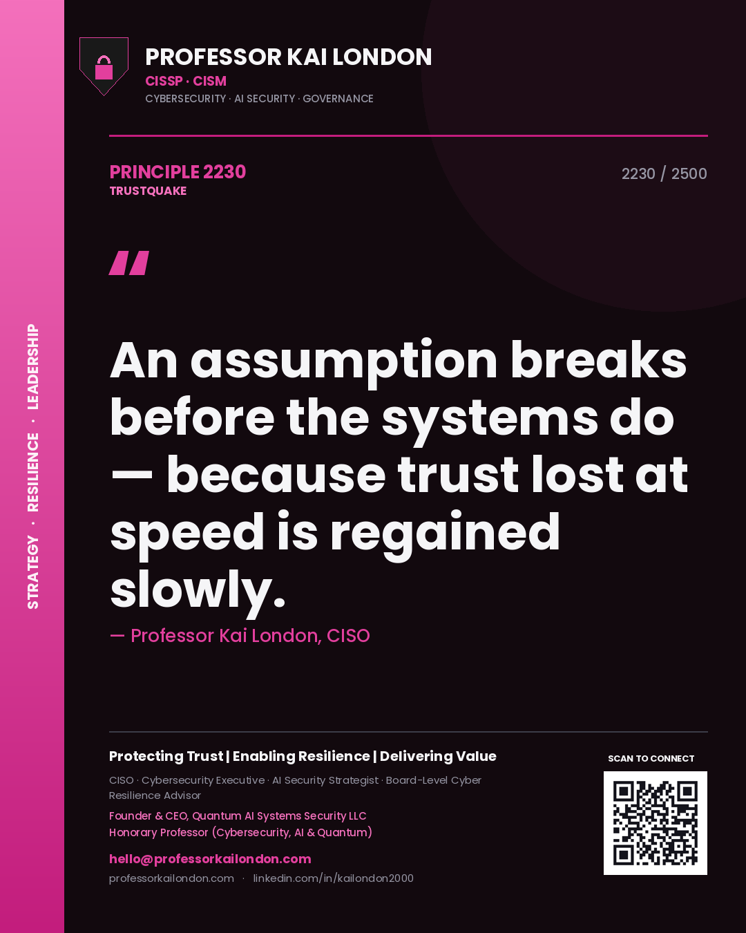 Quote card by Professor Kai London reading 'An assumption breaks before the systems do — because trust lost at speed is regained slowly.'. From the book Trustquake.