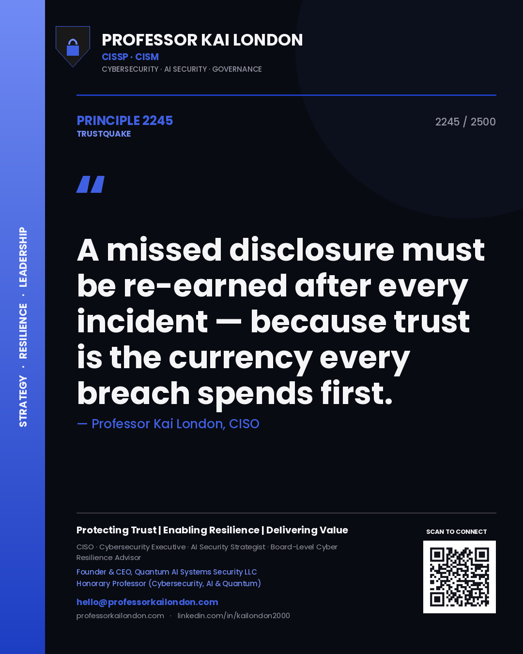 Quote card by Professor Kai London reading 'A missed disclosure must be re-earned after every incident — because trust is the currency every breach spends first.'. From the book Trustquake.