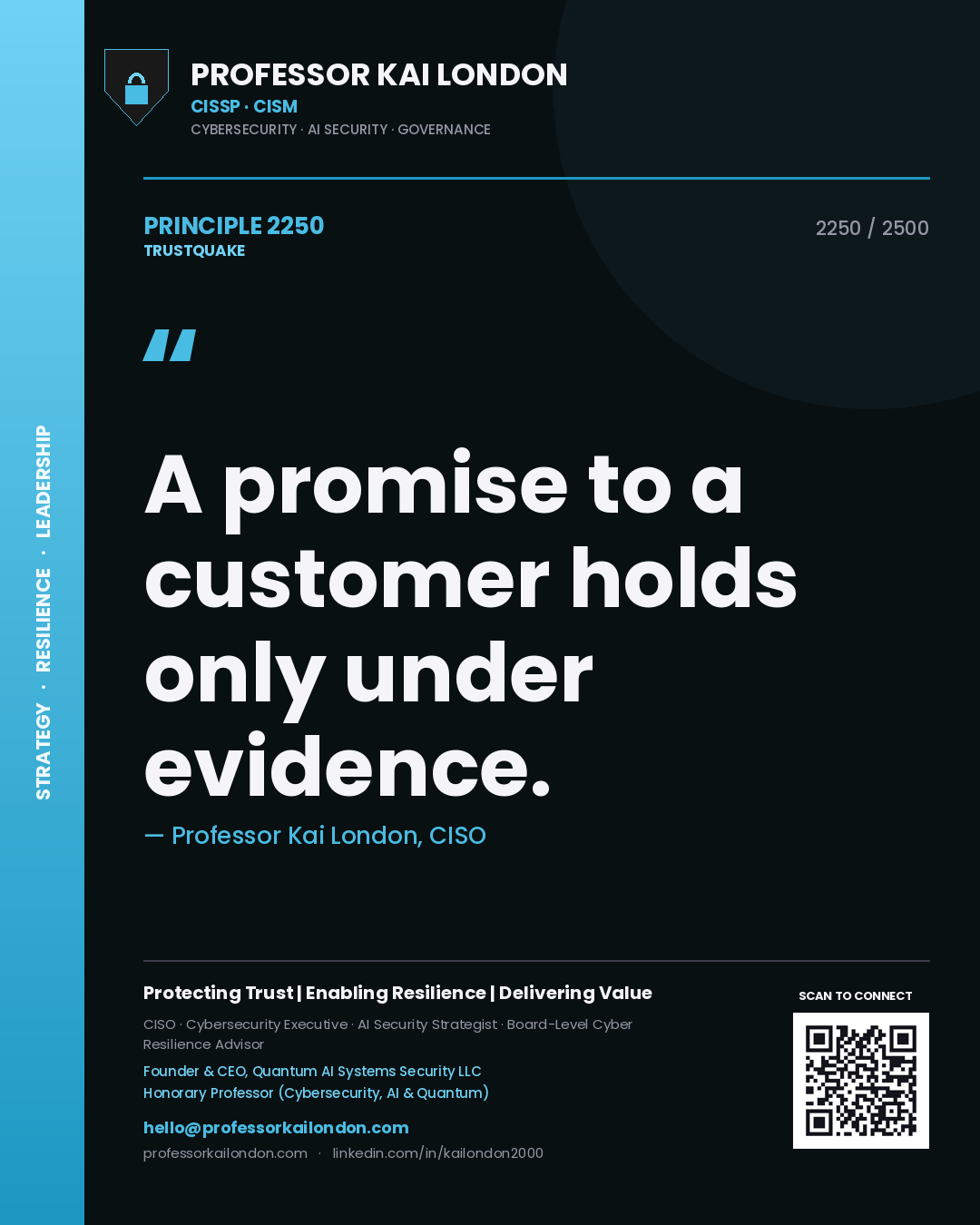 Quote card by Professor Kai London reading 'A promise to a customer holds only under evidence.'. From the book Trustquake.