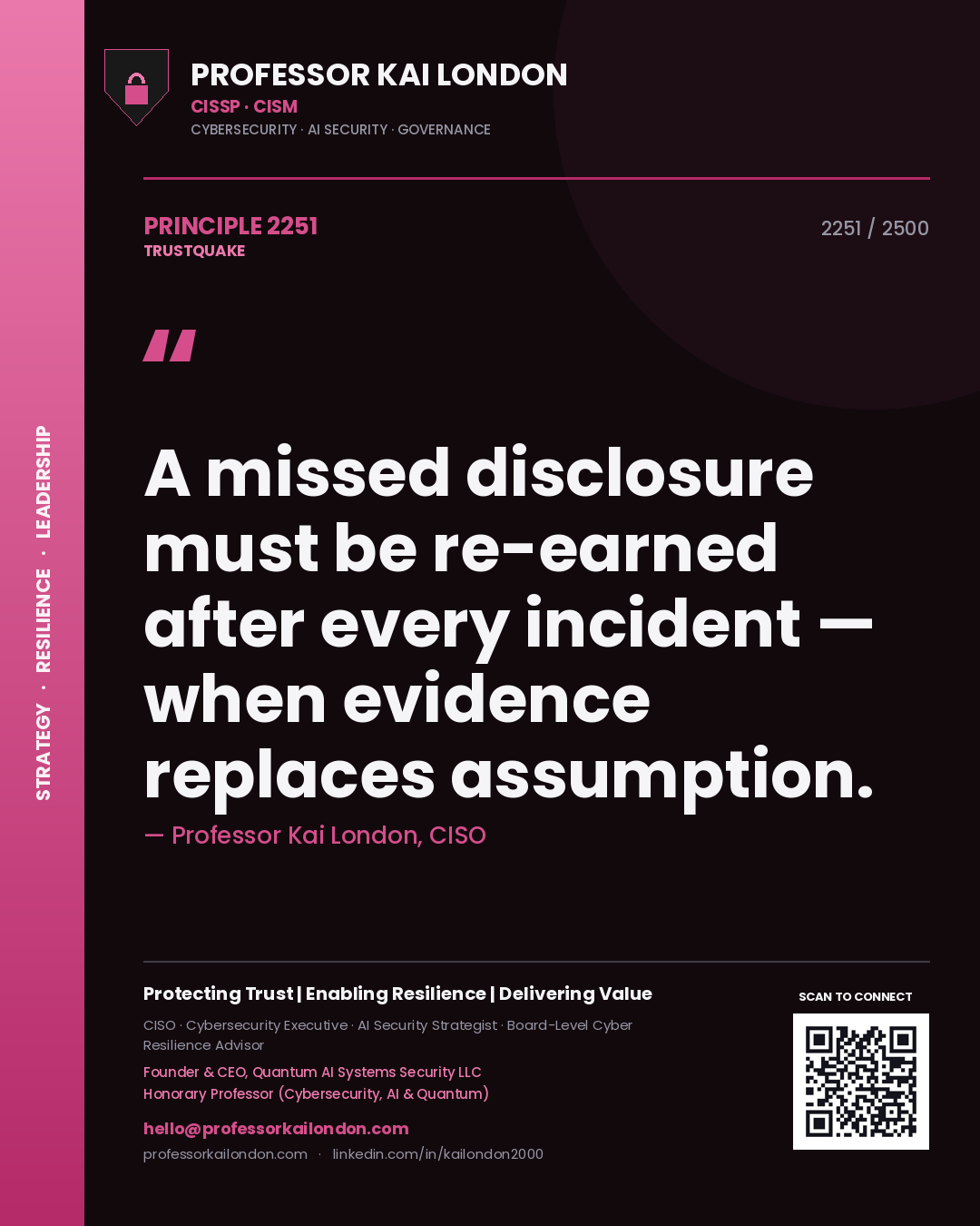 Quote card by Professor Kai London reading 'A missed disclosure must be re-earned after every incident — when evidence replaces assumption.'. From the book Trustquake.
