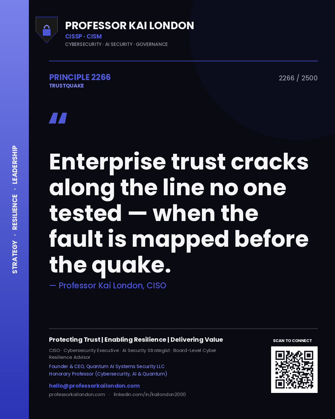 Quote card by Professor Kai London reading 'Enterprise trust cracks along the line no one tested — when the fault is mapped before the quake.'. From the book Trustquake.