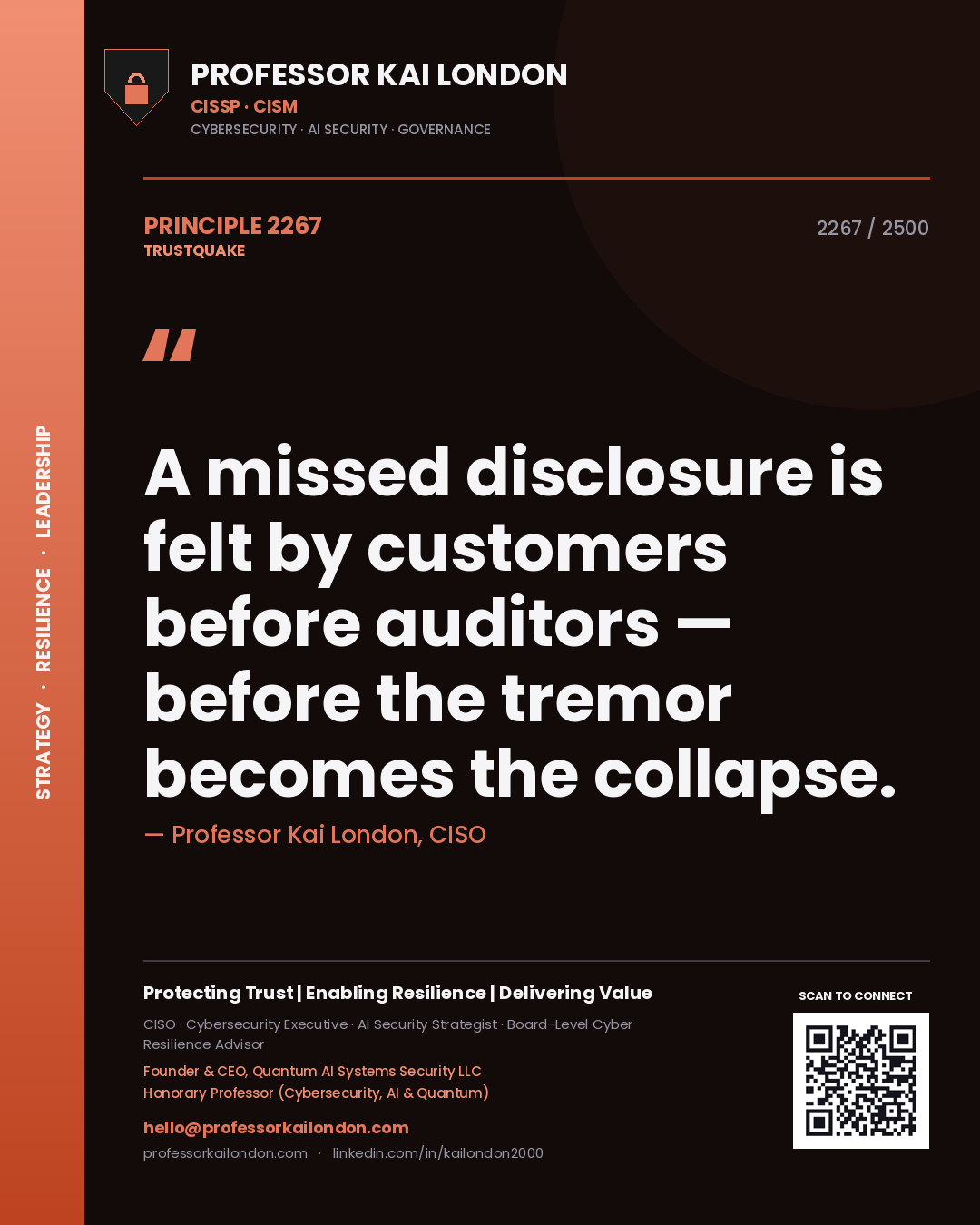Quote card by Professor Kai London reading 'A missed disclosure is felt by customers before auditors — before the tremor becomes the collapse.'. From the book Trustquake.