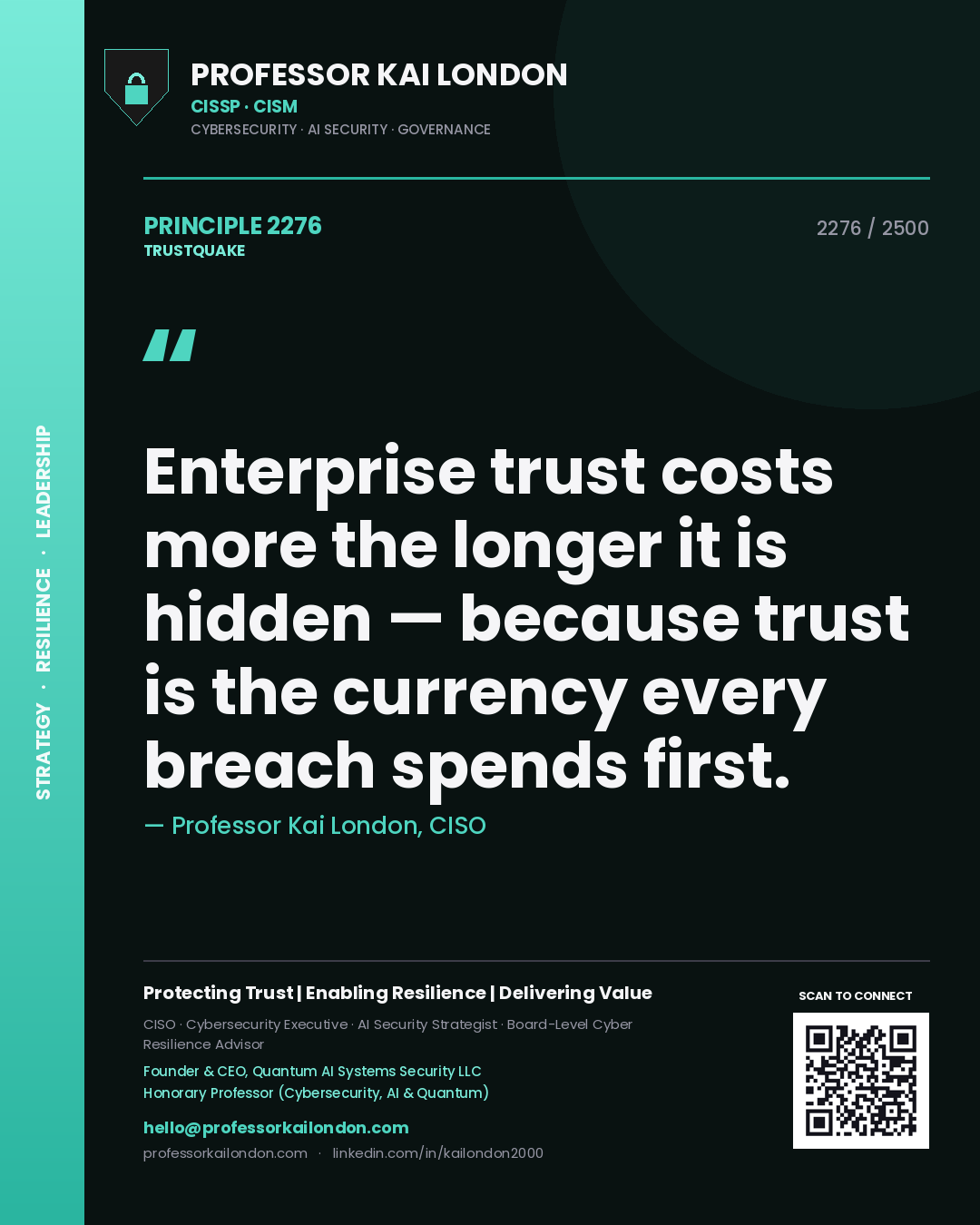 Quote card by Professor Kai London reading 'Enterprise trust costs more the longer it is hidden — because trust is the currency every breach spends first.'. From the book Trustquake.
