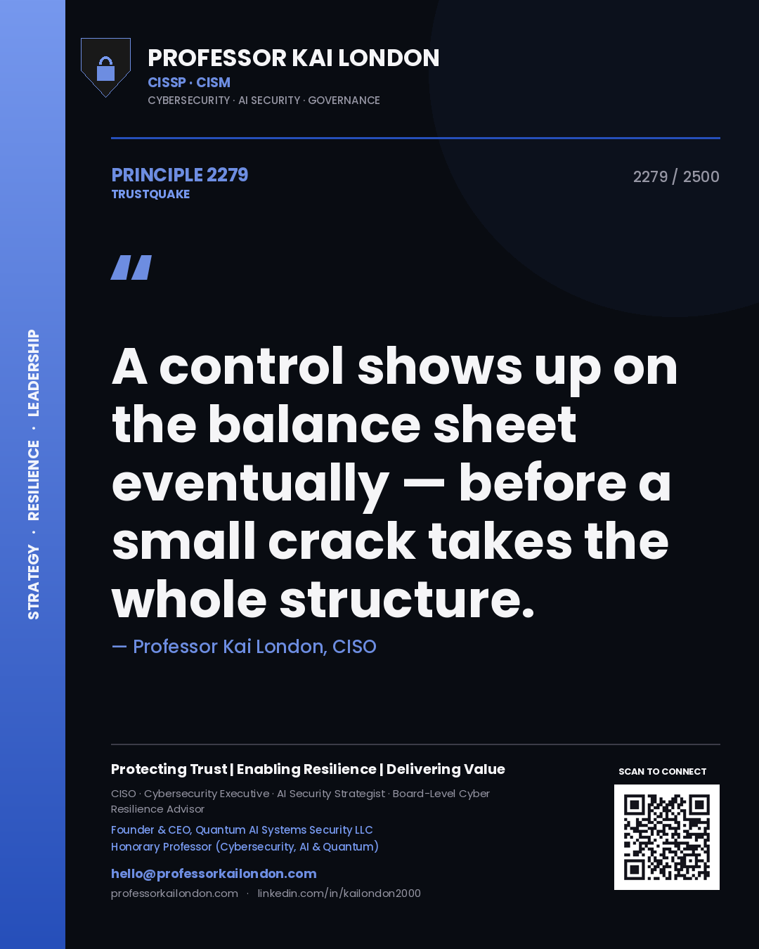Quote card by Professor Kai London reading 'A control shows up on the balance sheet eventually — before a small crack takes the whole structure.'. From the book Trustquake.
