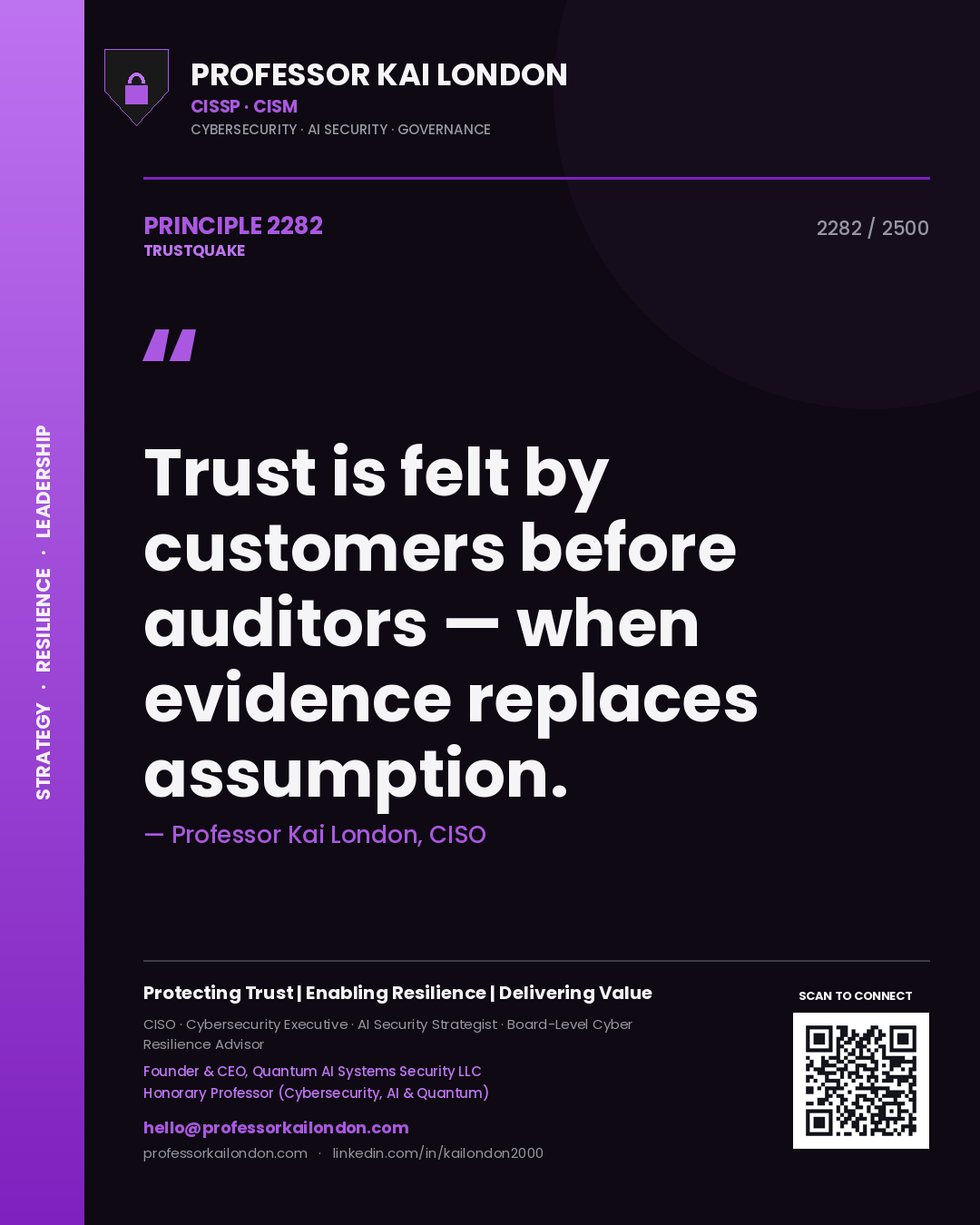 Quote card by Professor Kai London reading 'Trust is felt by customers before auditors — when evidence replaces assumption.'. From the book Trustquake.