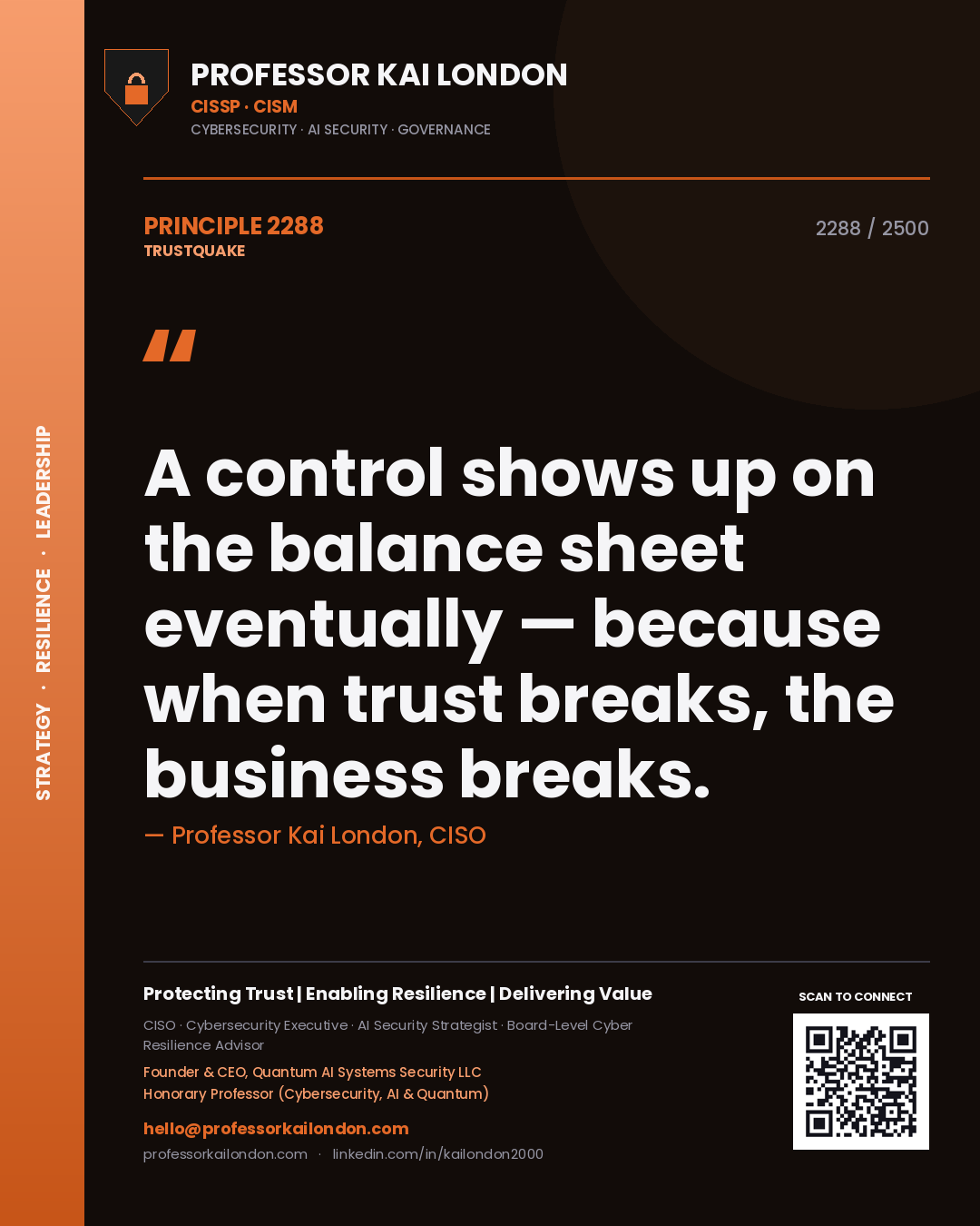 Quote card by Professor Kai London reading 'A control shows up on the balance sheet eventually — because when trust breaks, the business breaks.'. From the book Trustquake.