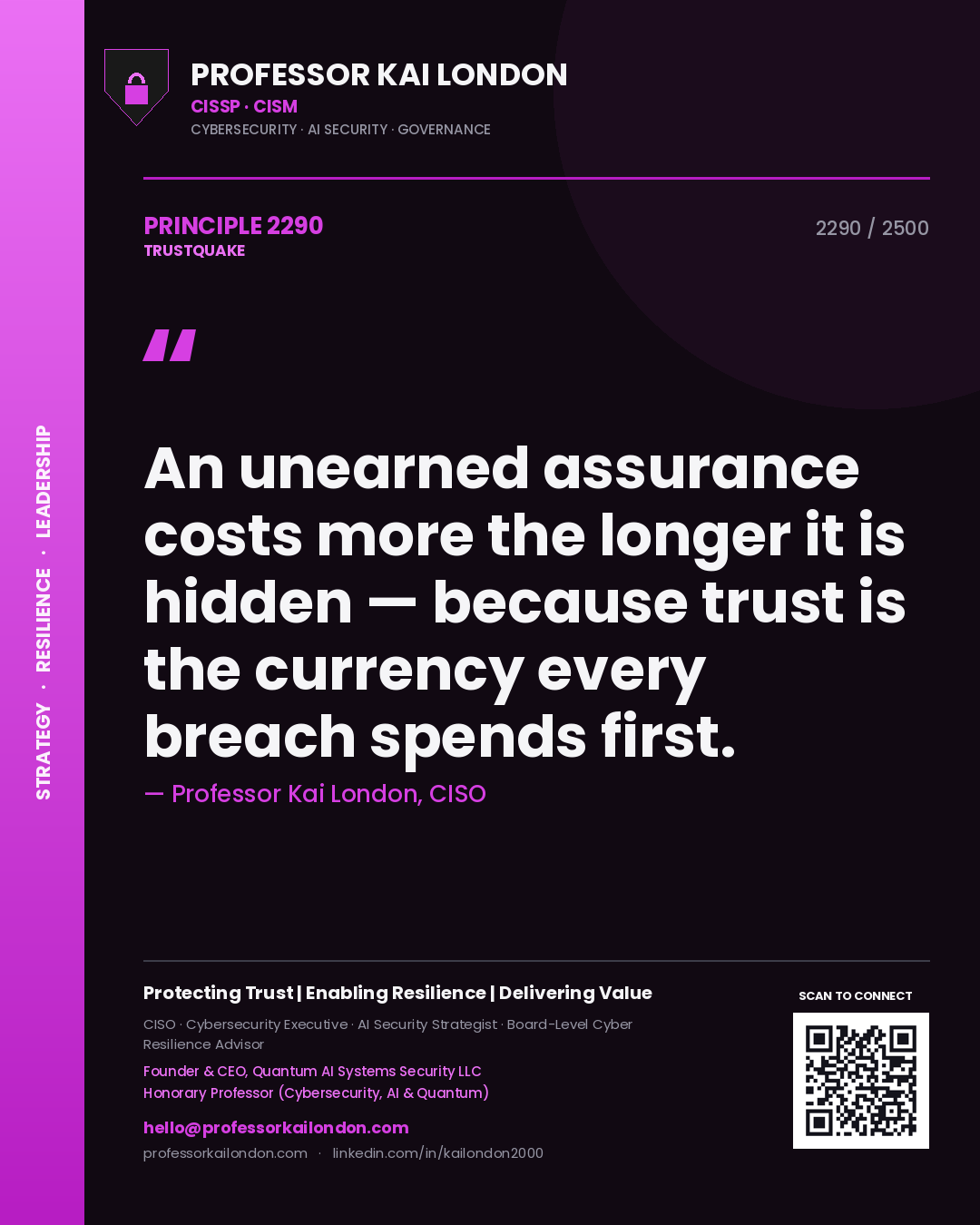 Quote card by Professor Kai London reading 'An unearned assurance costs more the longer it is hidden — because trust is the currency every breach spends first.'. From the book Trustquake.