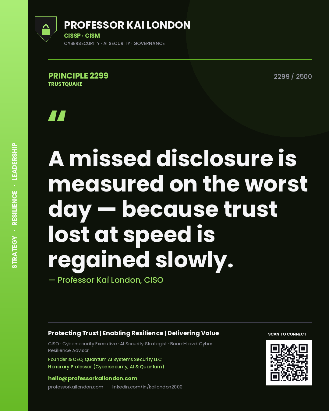 Quote card by Professor Kai London reading 'A missed disclosure is measured on the worst day — because trust lost at speed is regained slowly.'. From the book Trustquake.