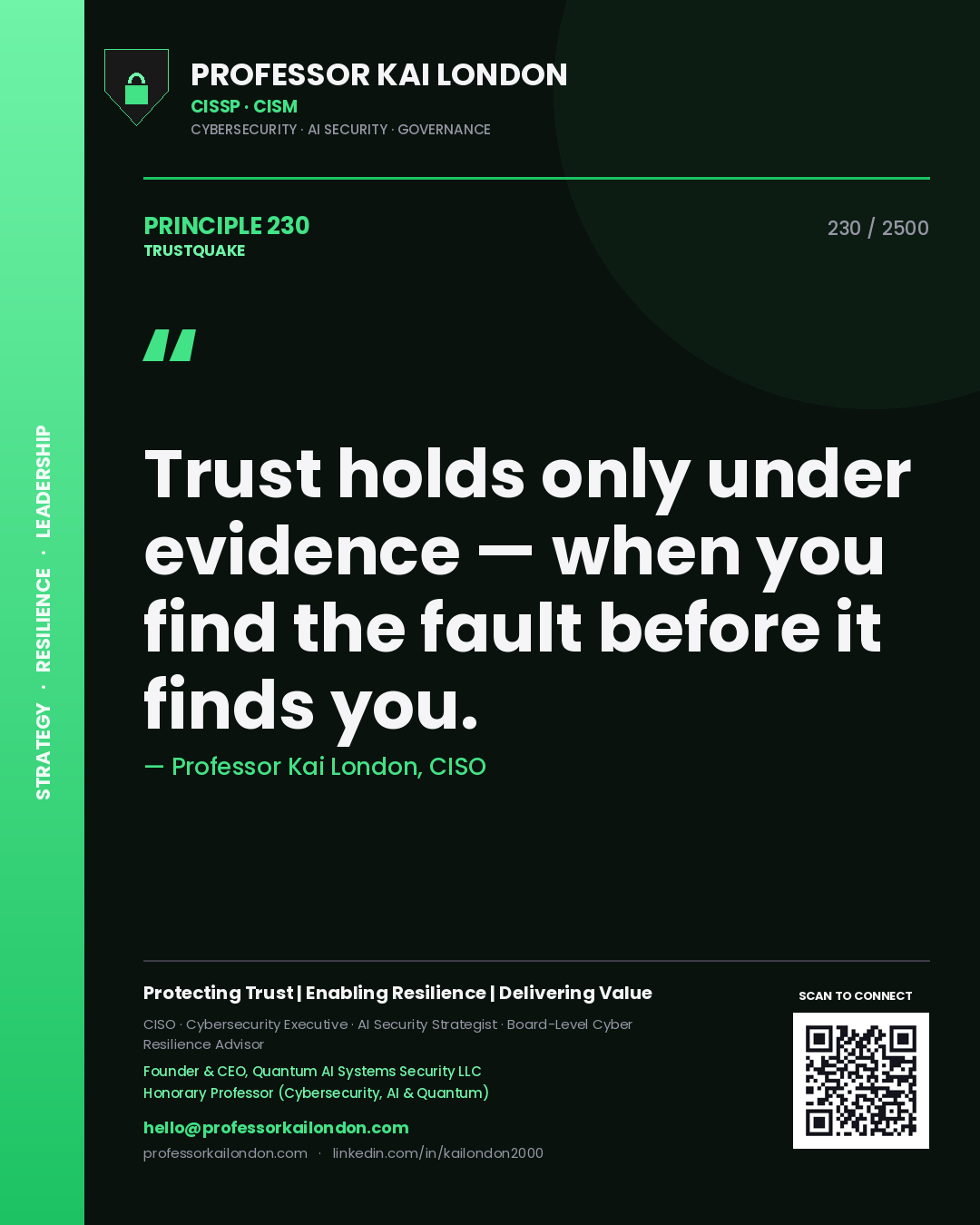 Quote card by Professor Kai London reading 'Trust holds only under evidence — when you find the fault before it finds you.'. From the book Trustquake.